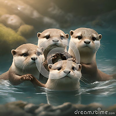 A group of playful others swimming in a crystal-clear stream, their fur glistening in the sunlight, cute, adorable, animal art Stock Photo