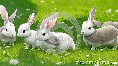 A group of playful rabbits nibbling on fresh grass in a village clearing. Stock Photo