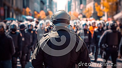 Group of police officers in riot gear managing an manifestation. Generative AI Stock Photo