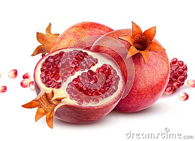 Group of pomegranate fruits on white background, composition with pomegranate seeds Stock Photo