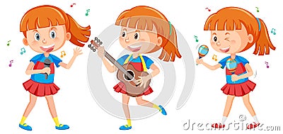 Group of ponytail girl playing music instrument Vector Illustration