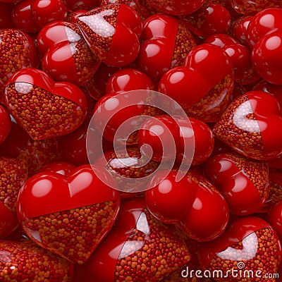 Group, pool of red heart shaped pills, capsules filled with small tiny hearts as medicine Stock Photo