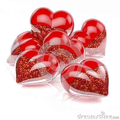 Group, pool of red heart shaped pills, capsules filled with small tiny hearts as medicine Stock Photo