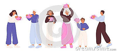 Group of poor people hold piggy banks. Unemployed young characters suffer from financial crisis Vector Illustration