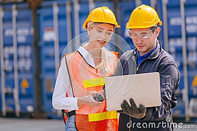 Group of Port Container Ship Yard Colleague Workers working together join teamwork control operate solving problem Stock Photo