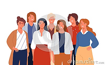 Group portrait of adorable young smiling woman posing together vector flat illustration. Colorful female business team Vector Illustration