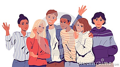 Group portrait of affable friendly close-knit and hugging young people Vector Illustration