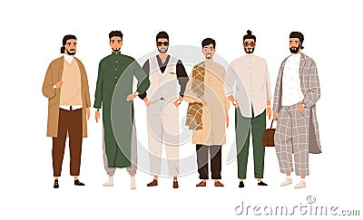 Group portrait of Arab Muslim people. Modern Saudi Arabian men in fashion outfits. Middle East happy males in stylish Vector Illustration
