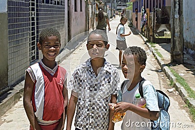 Group portrait of cheerful boys in Brazilian slum Editorial Stock Photo