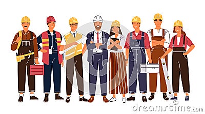 Group portrait of cute happy industry or construction workers, engineers standing together. Team of smiling male and Vector Illustration