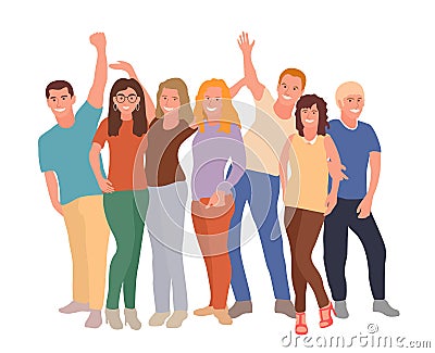 Group portrait of diverse happy young people standing together and hugging. Team of friends. Friendship concept. Young Vector Illustration