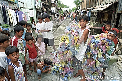 Group portrait Filipino children with colorful garlands Editorial Stock Photo