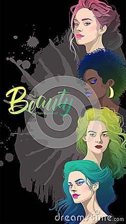 Group portrait of a four beautiful girls with various hair color and style. Vector Illustration