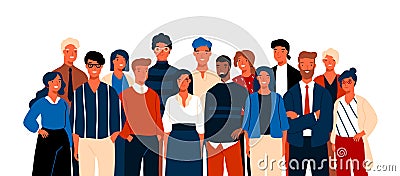 Group portrait of funny smiling office workers or clerks standing together. Team of cute cheerful male and female Vector Illustration