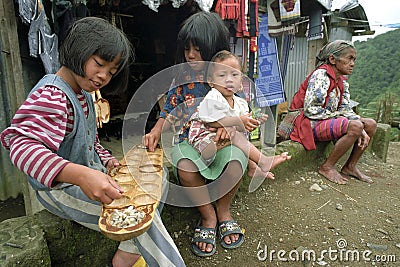 Group portrait girls and grandma in traditional dress Editorial Stock Photo