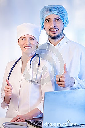 Group portrait of medical doctors standing in hospital Stock Photo