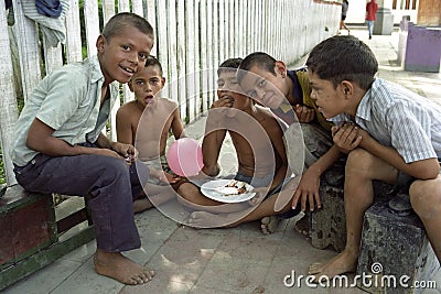 Group portrait Nicaraguan young shoeblacks Editorial Stock Photo