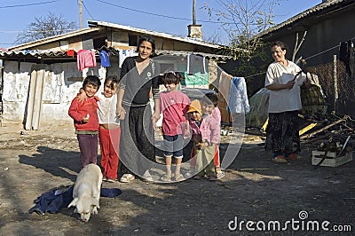 Group portrait of Roma family, mother and children Editorial Stock Photo