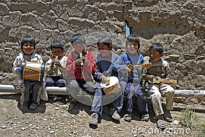 Group portrait of young Bolivian musical children Editorial Stock Photo