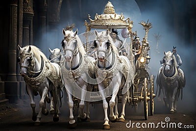 A group of powerful white horses pulling a beautiful carriage through a scenic countryside., A royal chariot led by white horses, Stock Photo