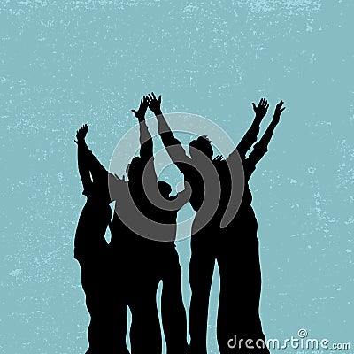 Group prayer, raised hands, praise and worship, silhouettes people. Vector Illustration