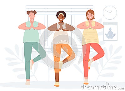 Group of pregnant women practicing yoga exercises in gym. Concept of maternity and healthy lifestyle Vector Illustration