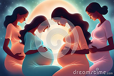 Group of pregnant women supporting each other and embracing the third trimester Stock Photo