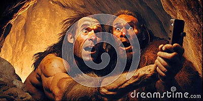 Group of prehistoric human or neanderthal taking selfie picture with mobile phone in funny emotion Stock Photo