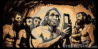 Group of prehistoric human or neanderthal taking selfie picture with mobile phone in funny emotion Stock Photo