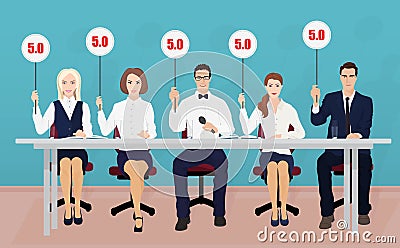 Group of professional Competition judges holding tablets with estimates. Vector Illustration