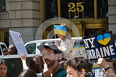 Group of protestants gathered at Bowling Green Park in New York City showing Solidarity with Ukraine Editorial Stock Photo