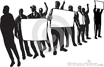 Group of Protesters Holding Signs Retro Woodcut Cartoon Illustration
