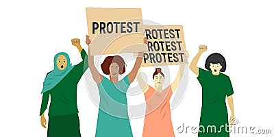 Group protesting multicultural women with a poster Vector Illustration