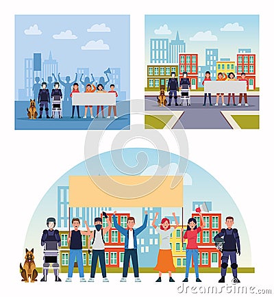 Group of protesting people with cops and dog Vector Illustration