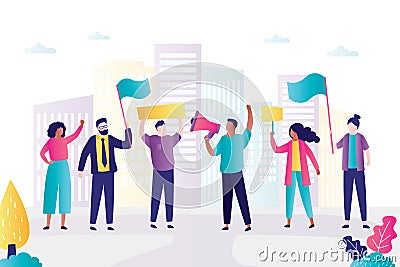 Group of protesting people. Protesters on demonstration. Various persons with placards and megaphone. Human rights protest Vector Illustration