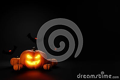 Group of Halloween pumpkin heads and bats on dark 3d rendering copy space. Stock Photo