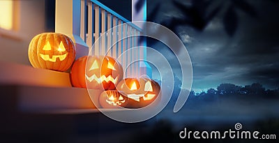 Jack O Lanterns On a Porch On Halloween Cartoon Illustration