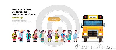 Group pupils children go in yellow school bus transport concept on white background flat copy space horizontal Vector Illustration