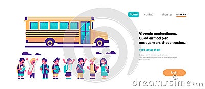 Group pupils children over yellow school bus transport concept on white background flat copy space banner Vector Illustration