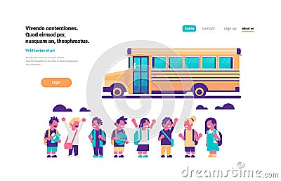 Group pupils children over yellow school bus transport concept on white background flat copy space horizontal Vector Illustration