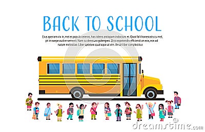 Group pupils children over yellow school bus transport concept on white background flat copy space horizontal Vector Illustration