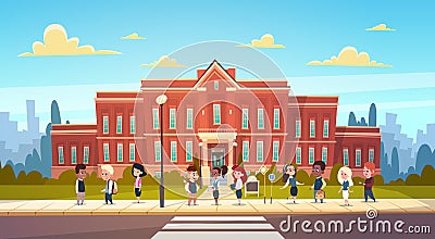 Group Of Pupils Mix Race Stand In Front Of School Building Primary Schoolchildren Talking Students Vector Illustration