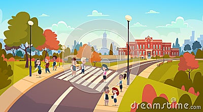 Group Of Pupils Walking On Crosswalk Mix Race Students Go To School Crossing Street Vector Illustration