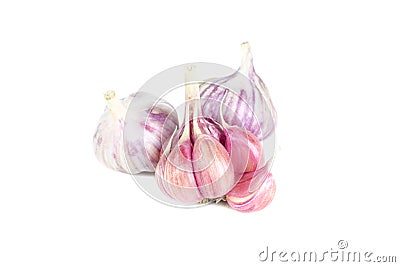 Group of purple raw garlic closeup, three vegetables, food ingredients, isolated on white background Stock Photo