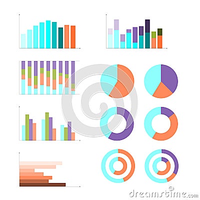 Group of quantitative graphs, flat design business infographic. Colorful vector illustration, chart, diagram, cicle, pie. visual Vector Illustration