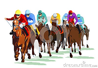 Group of racehorse and jockeys Vector Illustration