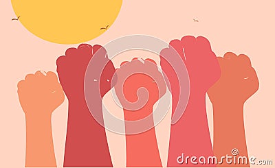 Peoples' hands raised in the air in protest and solidarity, against a beautiful sunset sky. Black History Month. Solidarity. Vector Illustration