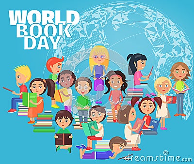 Group of Reading Schoolchildren on World Book Day Vector Illustration