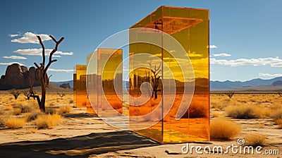 A group of rectangular orange glass boxes in a desert Stock Photo