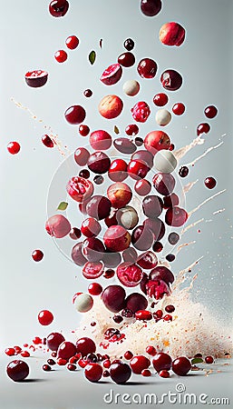 Group of Red Cranberries Fruit Creatively Falling-Dripping Flying or Splashing on White Background AI Generative Stock Photo